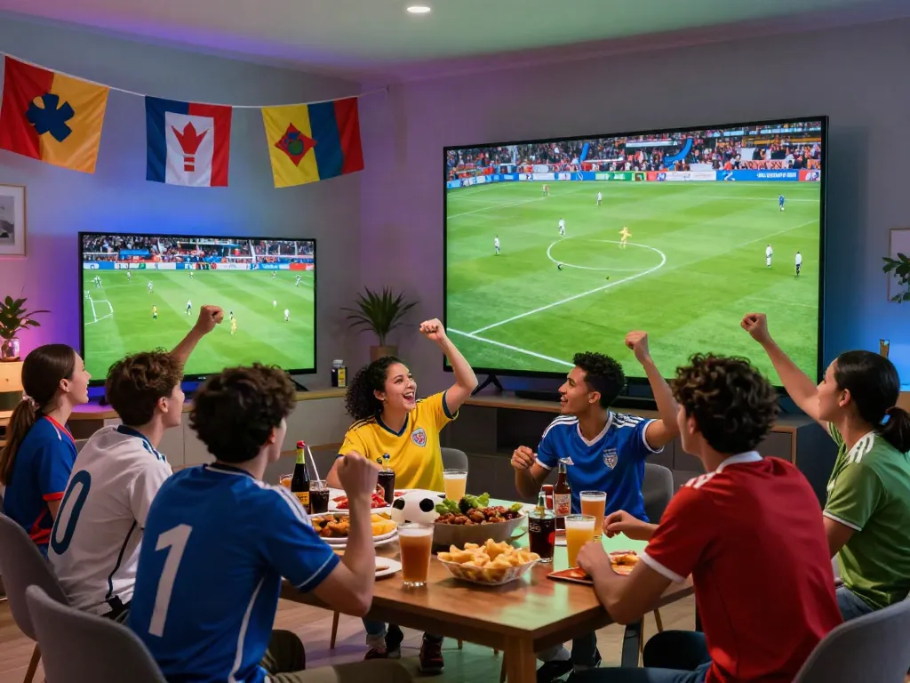 Xoilactv fans enjoying a live soccer match in a vibrant, communal living room.