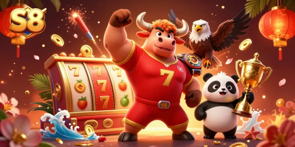S8 players celebrate a jackpot win surrounded by colorful slot elements and cheer.