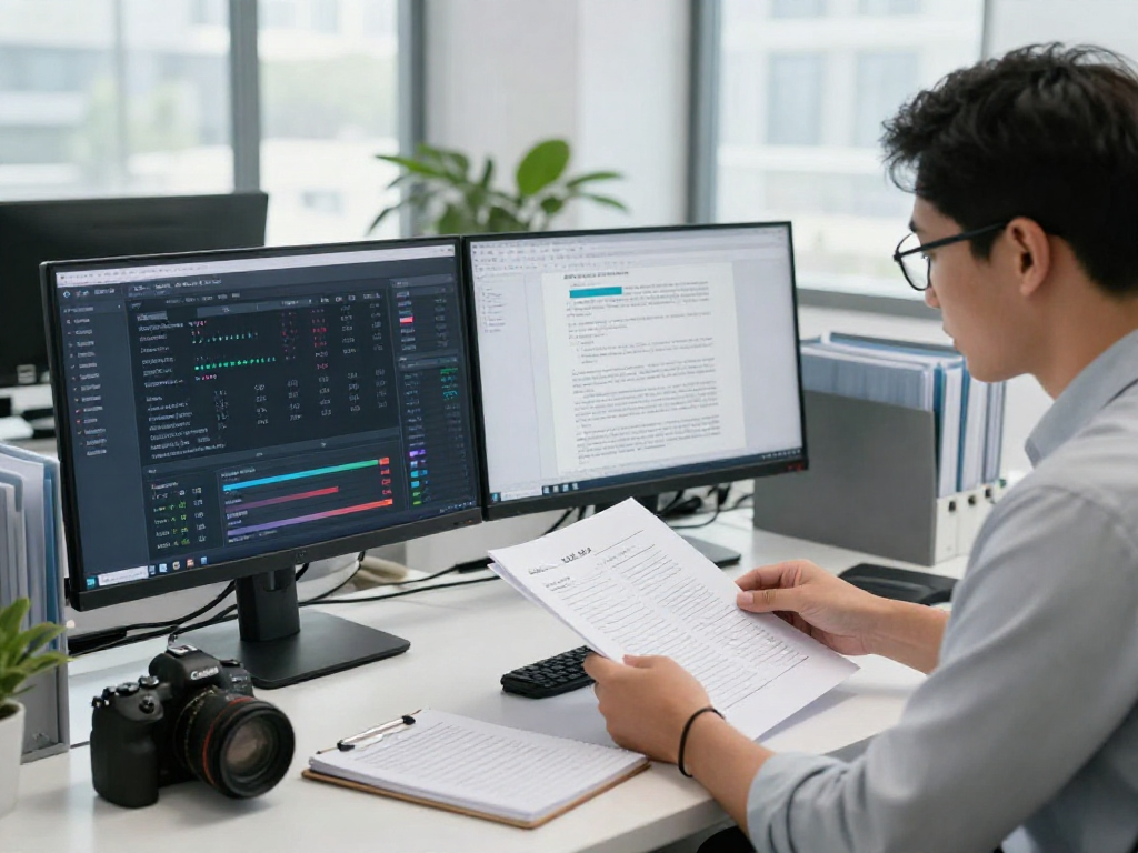Professional analyst reviewing document fraud detection analytics in a modern office
