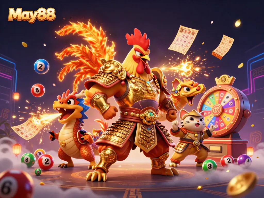 May88 features a vibrant illustration of a rooster warrior and dragon hatchling amidst lively casino elements.