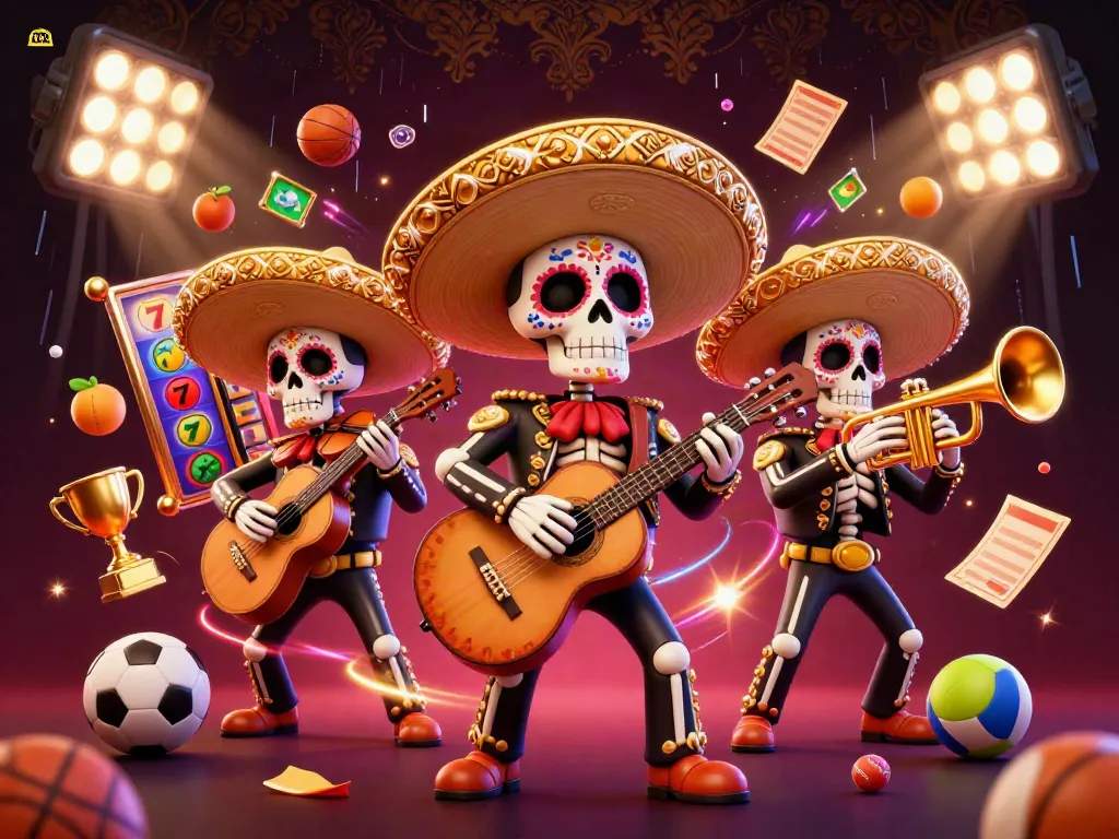 Experience thrilling DA88 gaming action with a vibrant casino scene featuring a lively mariachi band, slot reels, and sports elements.