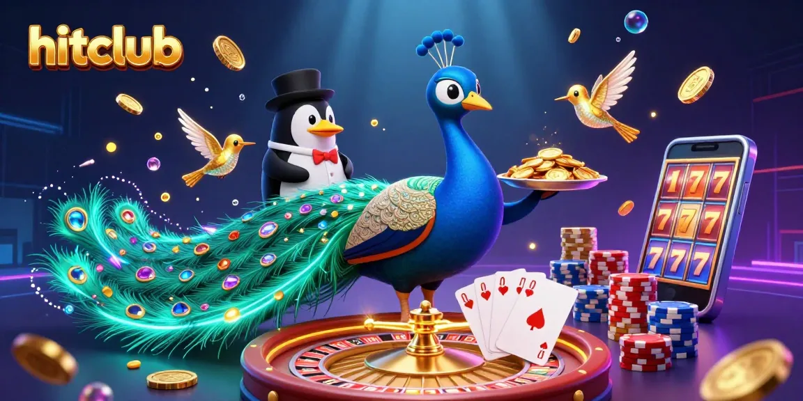 Hitclub showcases an exciting casino atmosphere with a peacock, penguin, and hummingbird in action