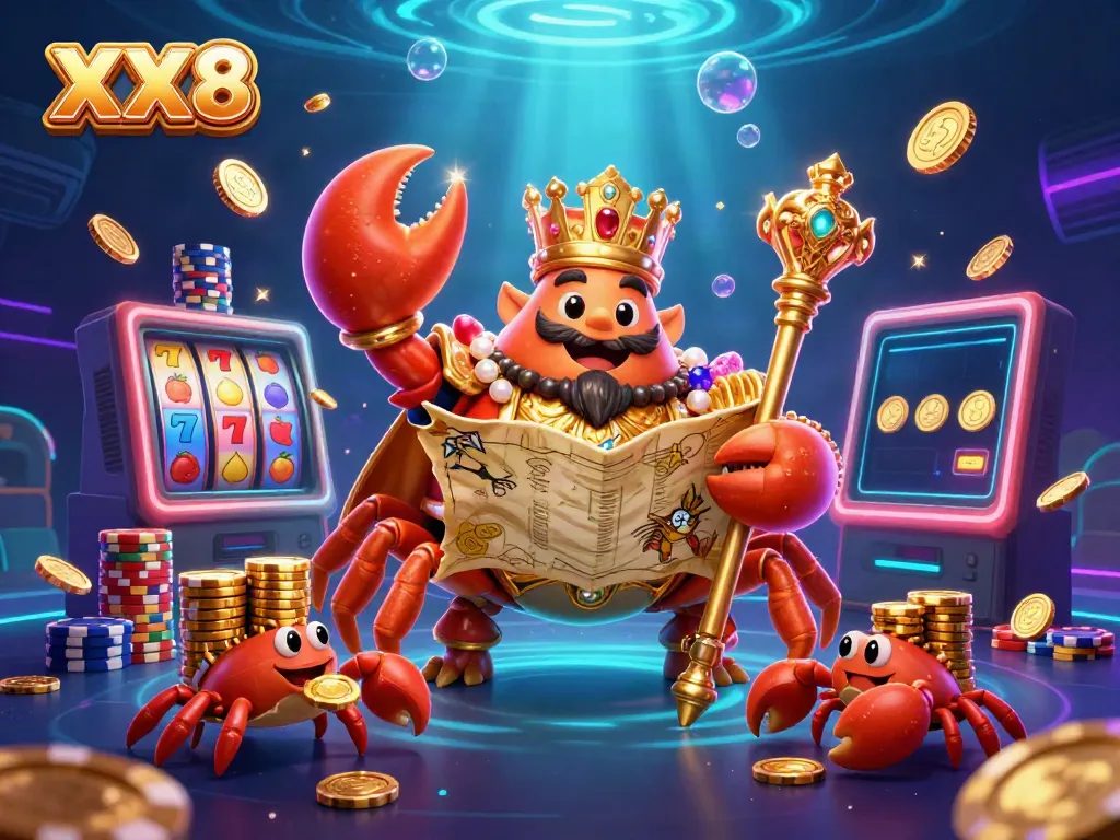Engage with the thrilling XX8 casino experience featuring a majestic crab emperor and vibrant slot machines.