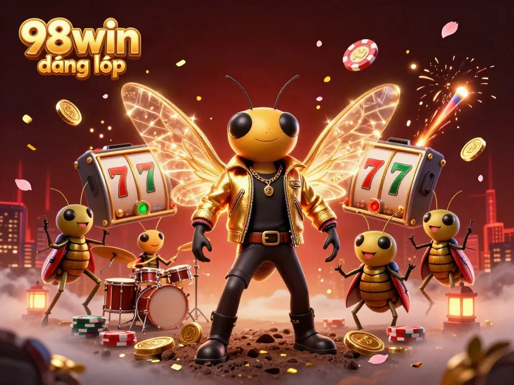 Experience vibrant gambling action with 98win đăng nhập in this lively casino scene featuring colorful slot machines and energetic characters.