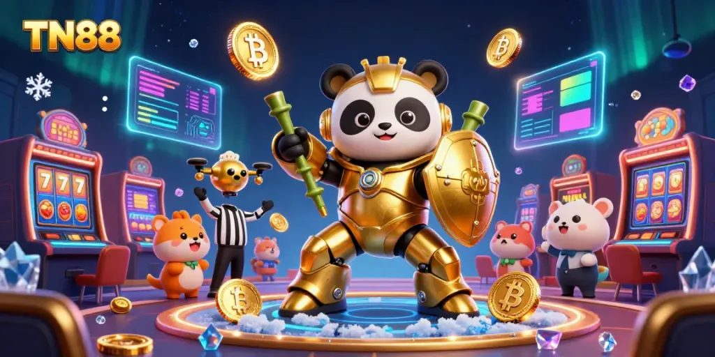 Engage with TN88’s thrilling casino scene featuring a golden panda mech piloting a robot while surrounded by crypto elements.