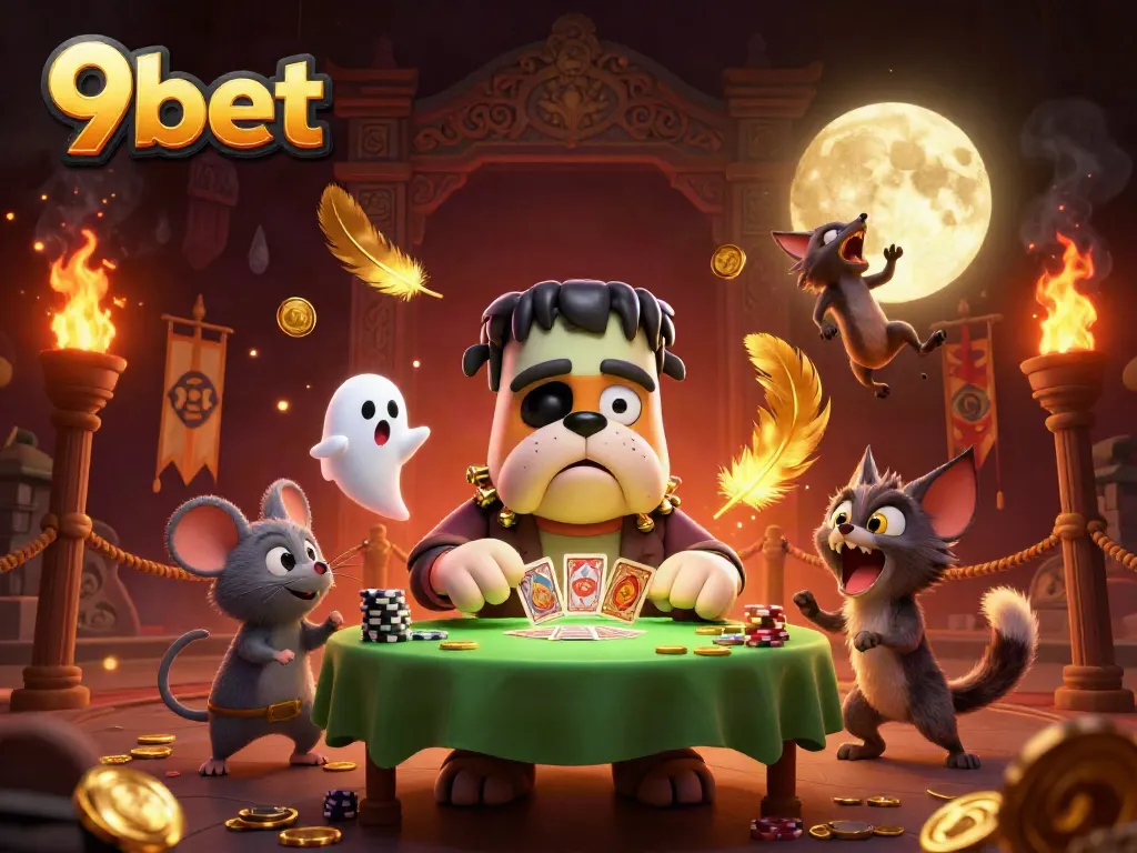 Engage with the thrilling world of 9bet as Frankenstein's bulldog deals cards amidst ghostly chips and a werewolf kitten.