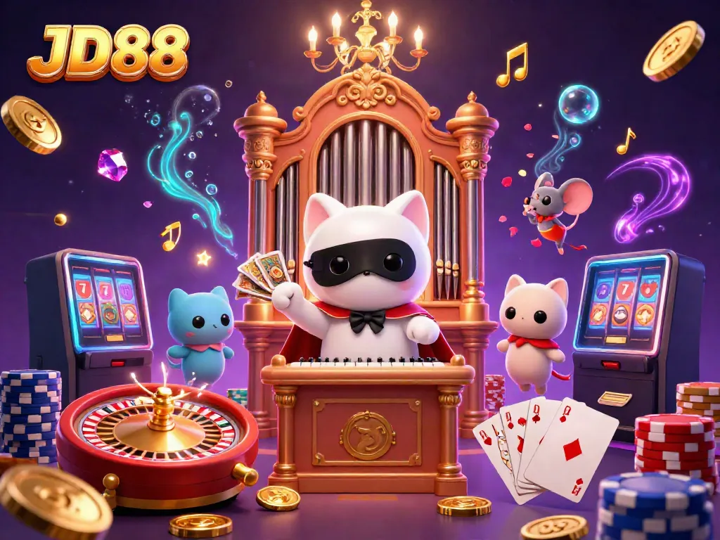 JD88 casino illustration with a phantom cat, mouse acrobat and dynamic game elements.