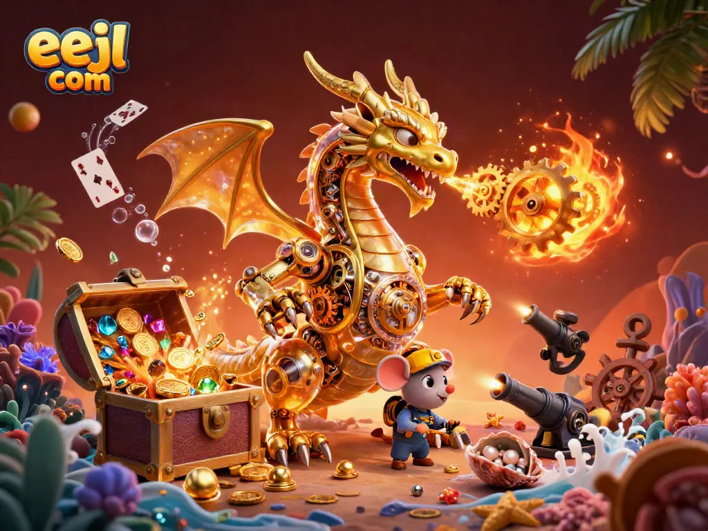 Experience thrilling gaming with eejl com, showcasing a golden dragon breathing gears amidst an ocean treasure.