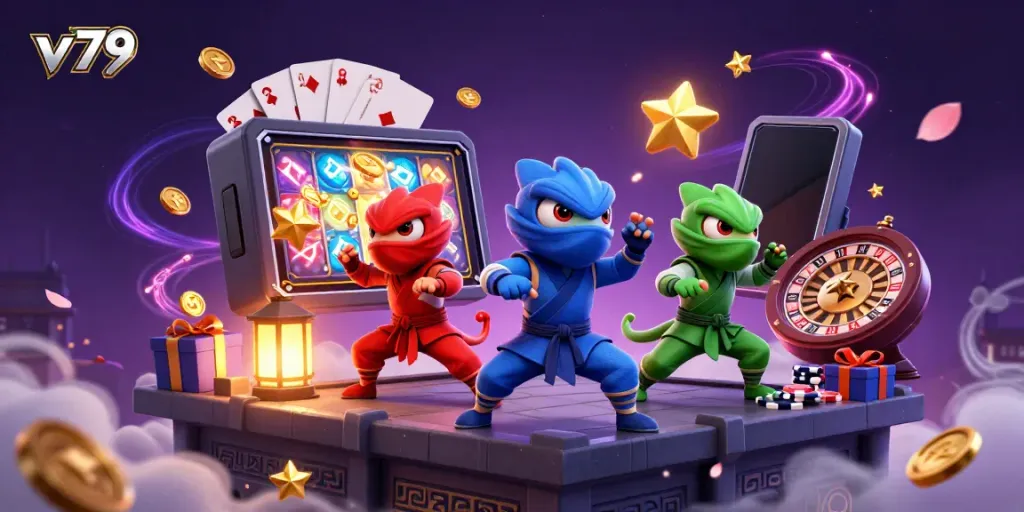 Experience the excitement of v79 with ninja chameleons in action, surrounded by casino elements!