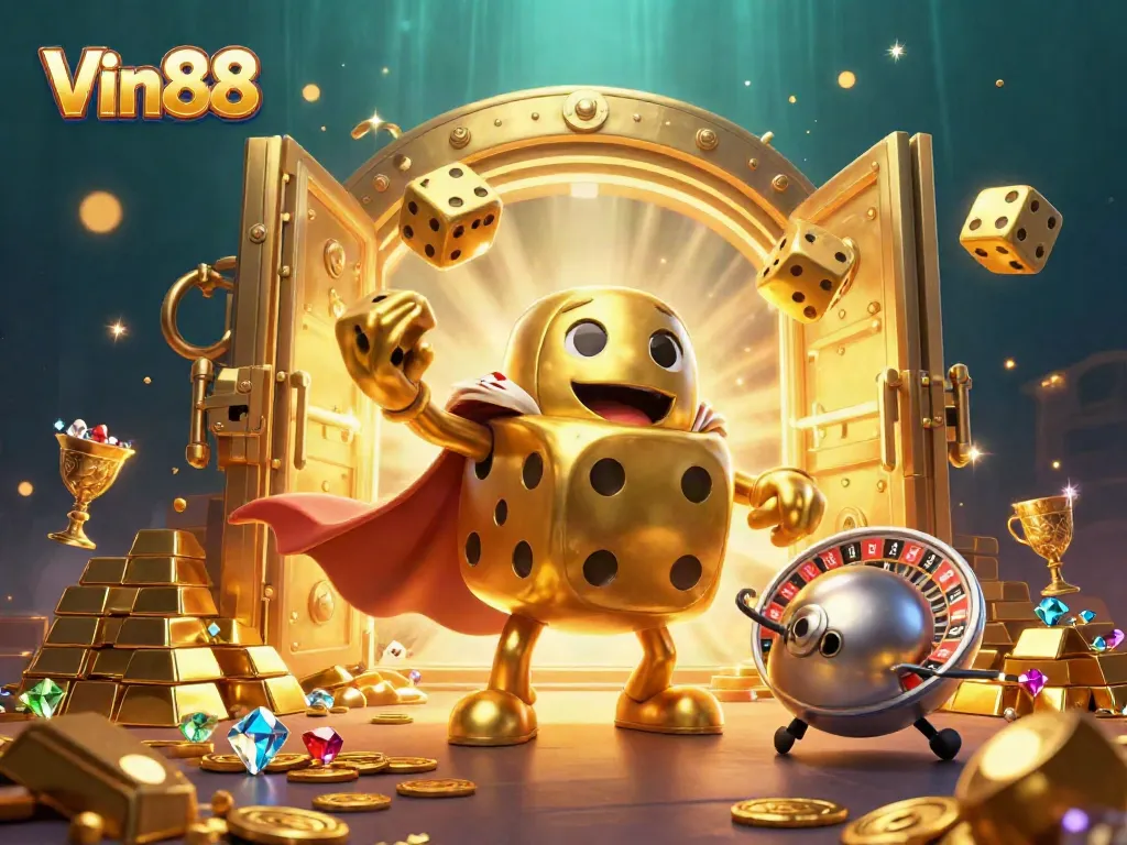 Experience excitement at Vin88 with a vibrant golden dice golem and treasure, showcasing thrilling casino games.