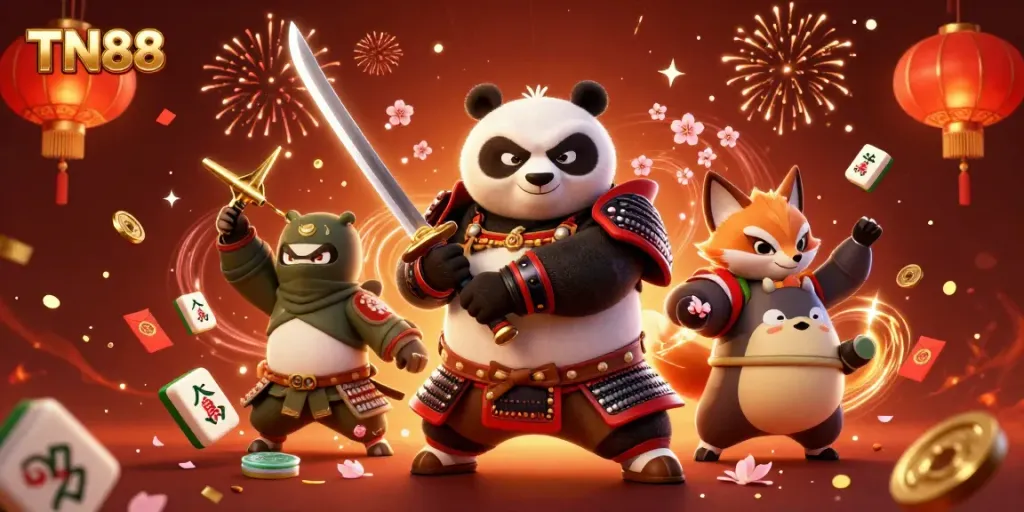 Play exciting games at TN88, showcasing a vibrant scene of cartoon characters celebrating winnings.