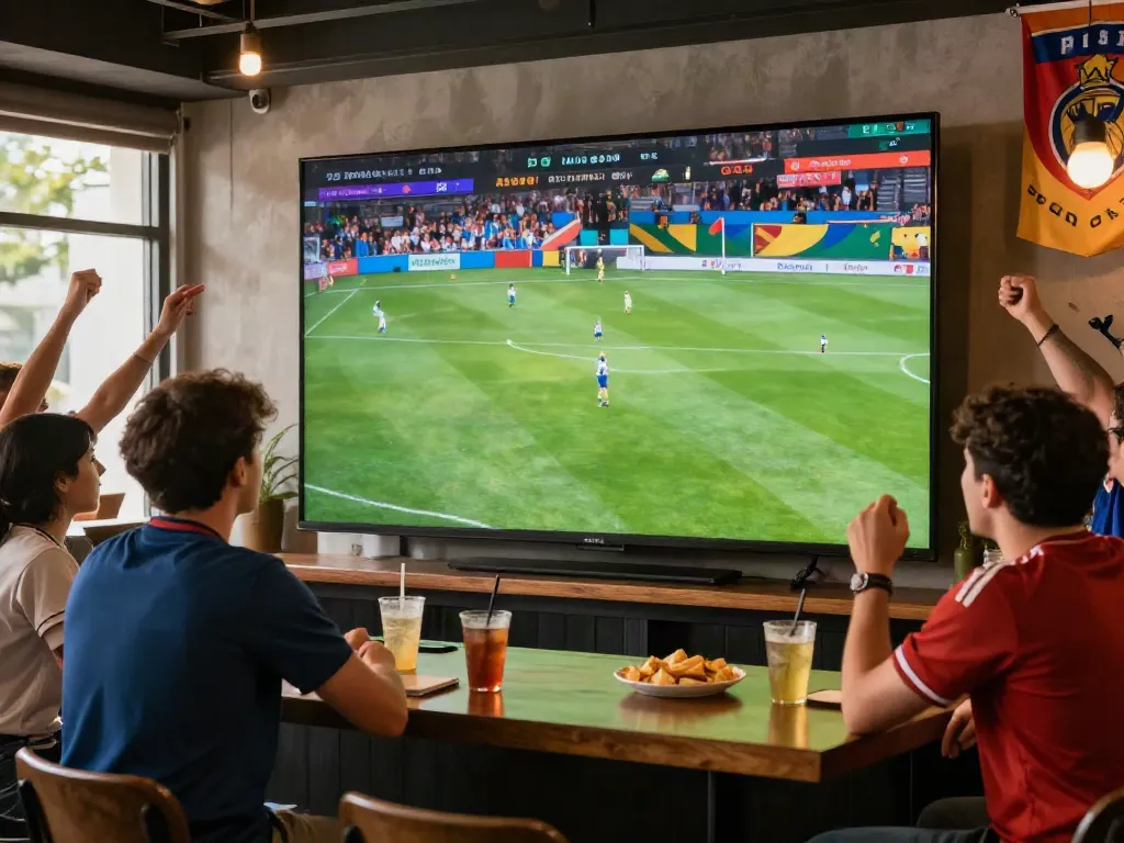 Fans enjoying a live soccer match streamed on Socolive in a vibrant bar setting.