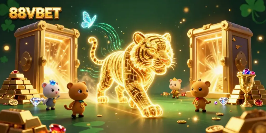 Experience the grandeur of the 88VBET digital casino, with a golden tiger companion across a treasure-filled realm.