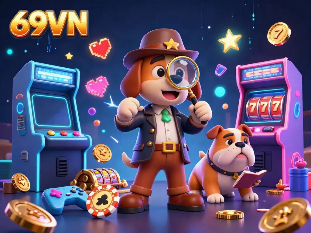 Experience thrilling online gambling with 69VN in this vibrant 3D illustration featuring characters and casino elements.