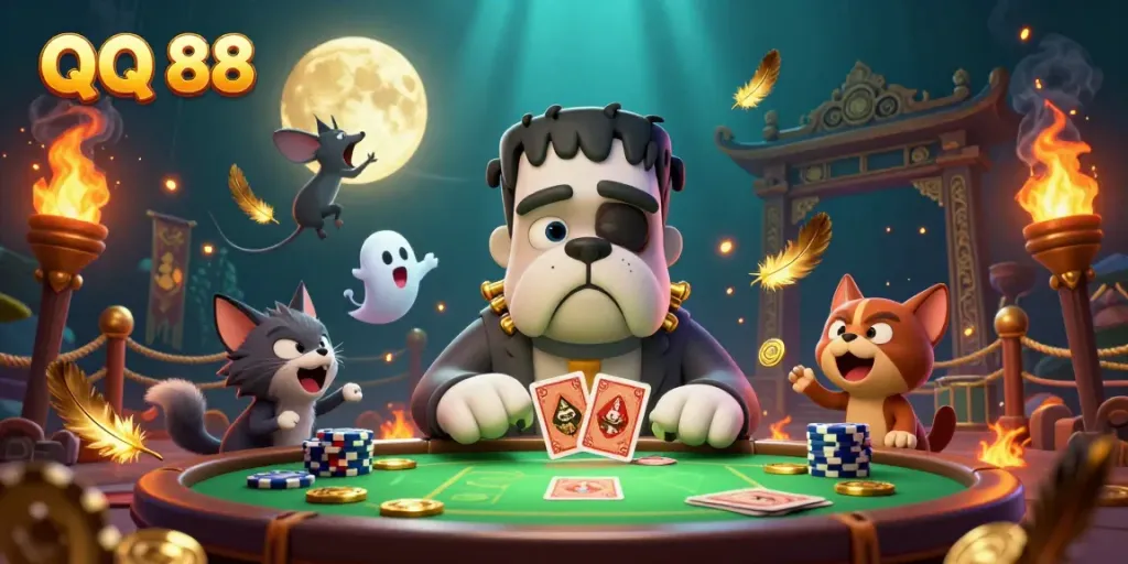 Engage with QQ 88 in this lively 3D gaming scene featuring characters in a casino atmosphere.