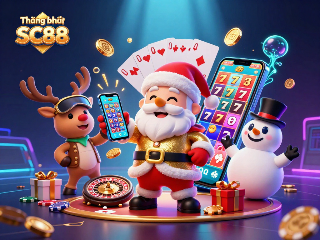 Experience the festive vibe of Thương hiệu SC88 with a 3D Santa Claus and reindeer celebrating casino slots!