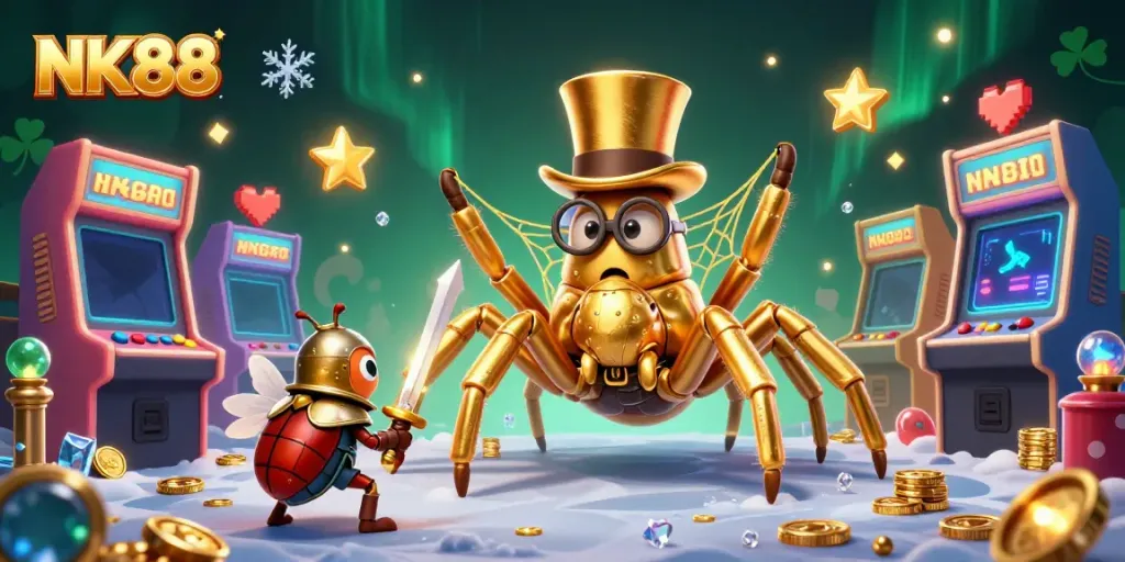 Engage in thrilling gameplay at NK88, featuring a vibrant casino scene with characters and glowing arcade elements.