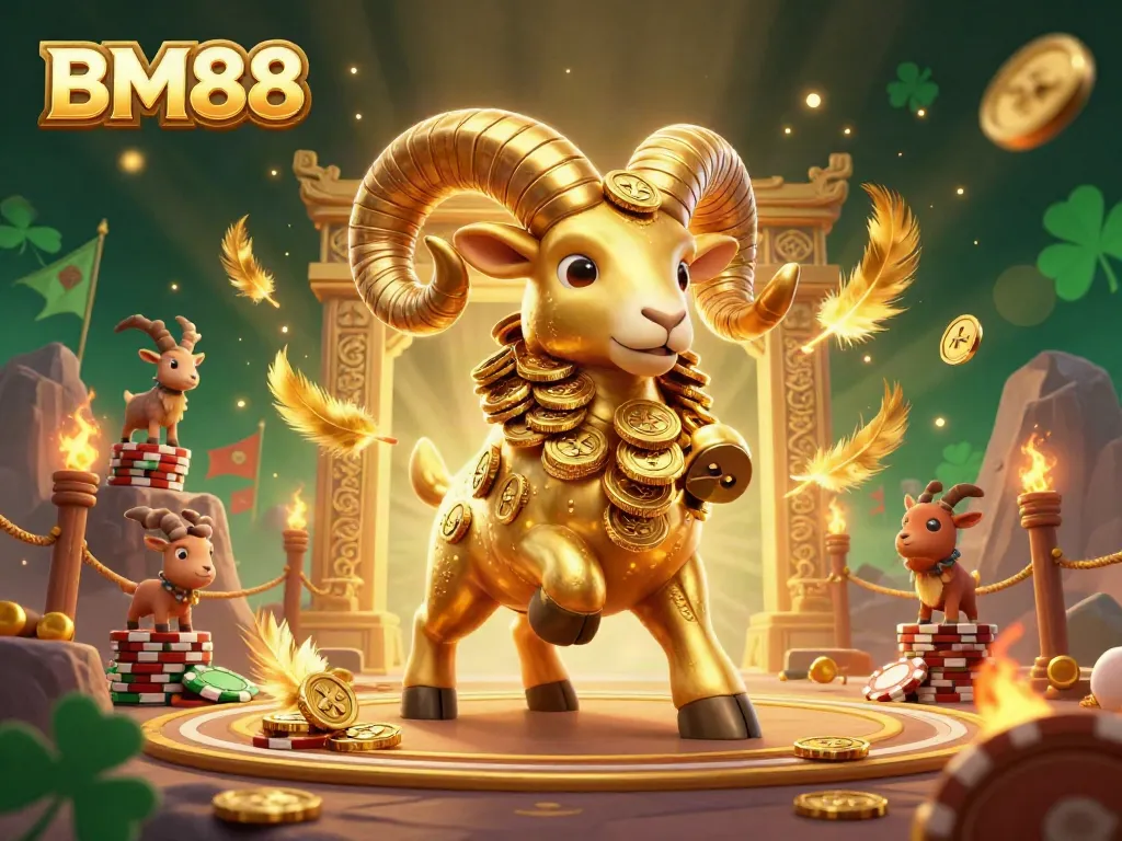 Win big at BM88 with a vibrant ram charging through a golden casino gate, adorned with gaming tokens.