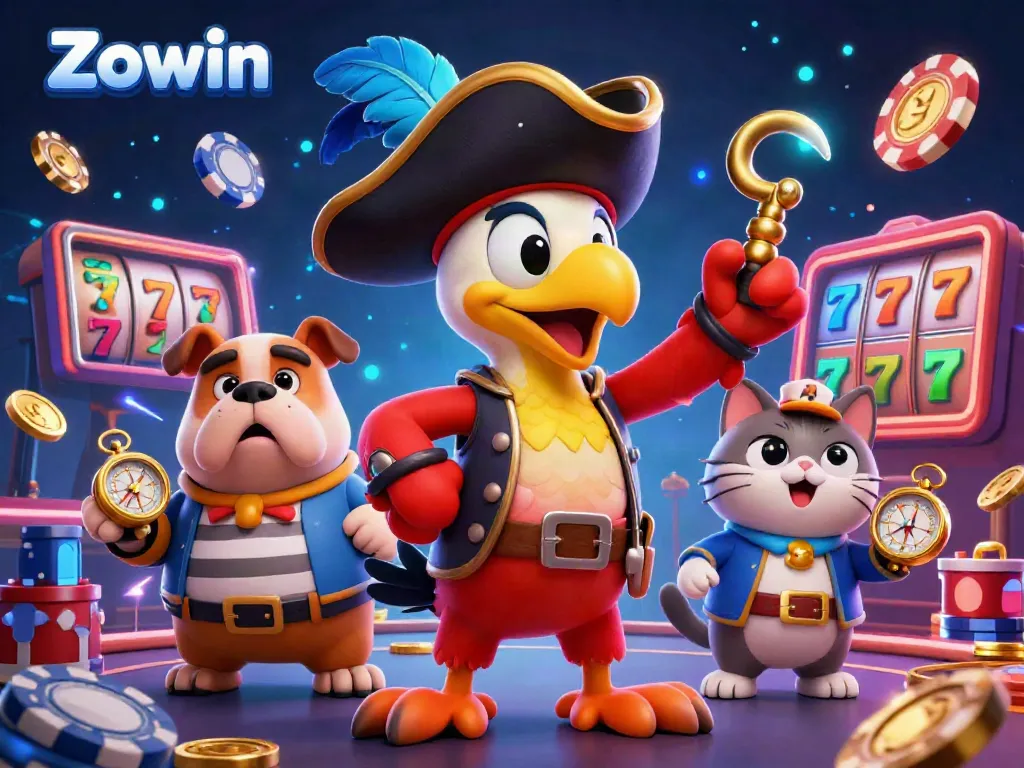 Zowin's vibrant casino scene features a pirate captain and friends amidst thrilling game elements.