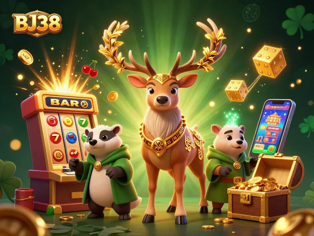 Spin the reels and explore the BJ38 jackpot explosion with vibrant characters and casino action.