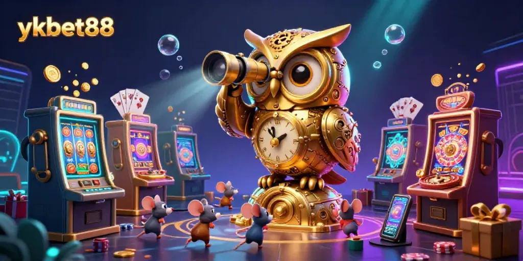 Experience the thrilling casino vibe at ykbet88, featuring a playful gold owl overseeing joyful games and winnings.
