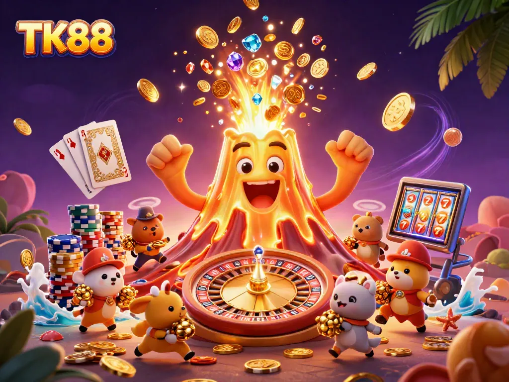 Engage in thrilling gameplay with TK88, showcasing a vibrant 3D casino scene filled with treasures and excitement.