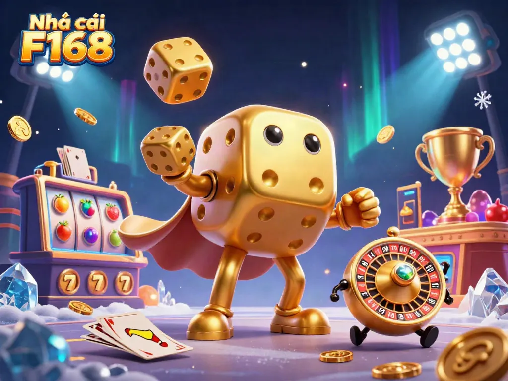Experience the excitement of Nhà cái F168 with vibrant casino elements showcasing golden dice, slot reels, and action-packed gaming.