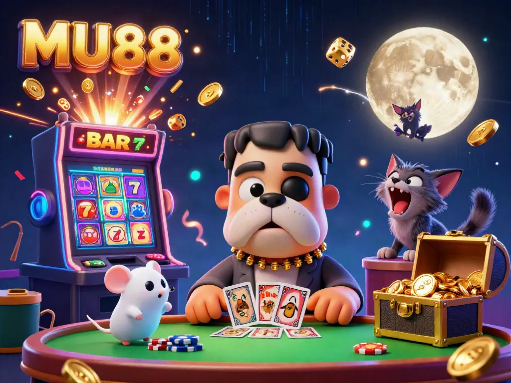 Experience MU88's vibrant casino scene with a Frankenstein bulldog and werewolf kitten playing cards.