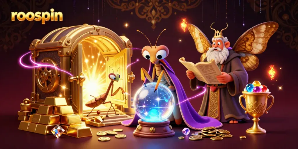 Win at roospin casino with a mystical illustration of fortune tellers and treasures.
