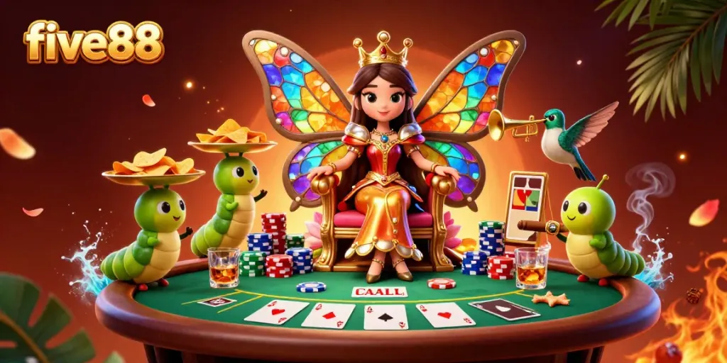 Experience thrilling gameplay at five88 with a vibrant cartoon scene featuring casino elements and characters.