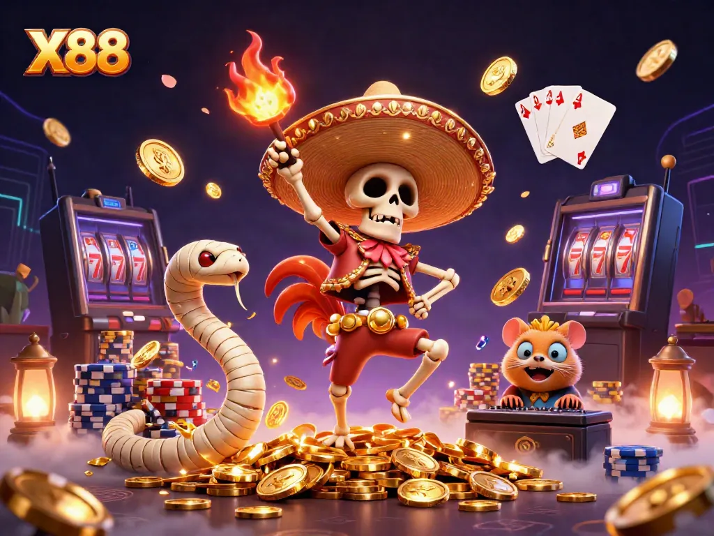 X88's vibrant casino illustration features a victorious skeleton mariachi rooster celebrating amidst golden coins and immersive game elements.