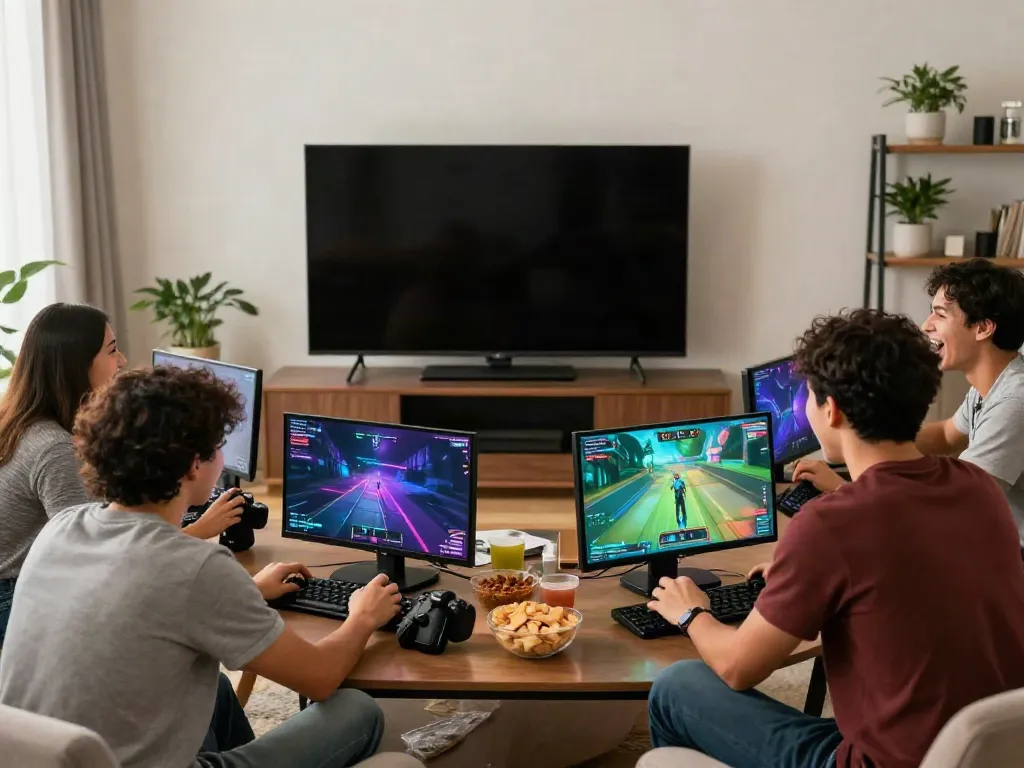 Friends enjoying an online gaming session at home, showcasing the excitement of tx88.