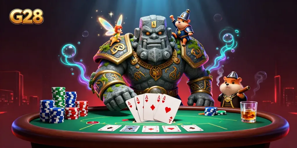 Experience the thrilling G28 casino scene with cartoon characters and poker elements.