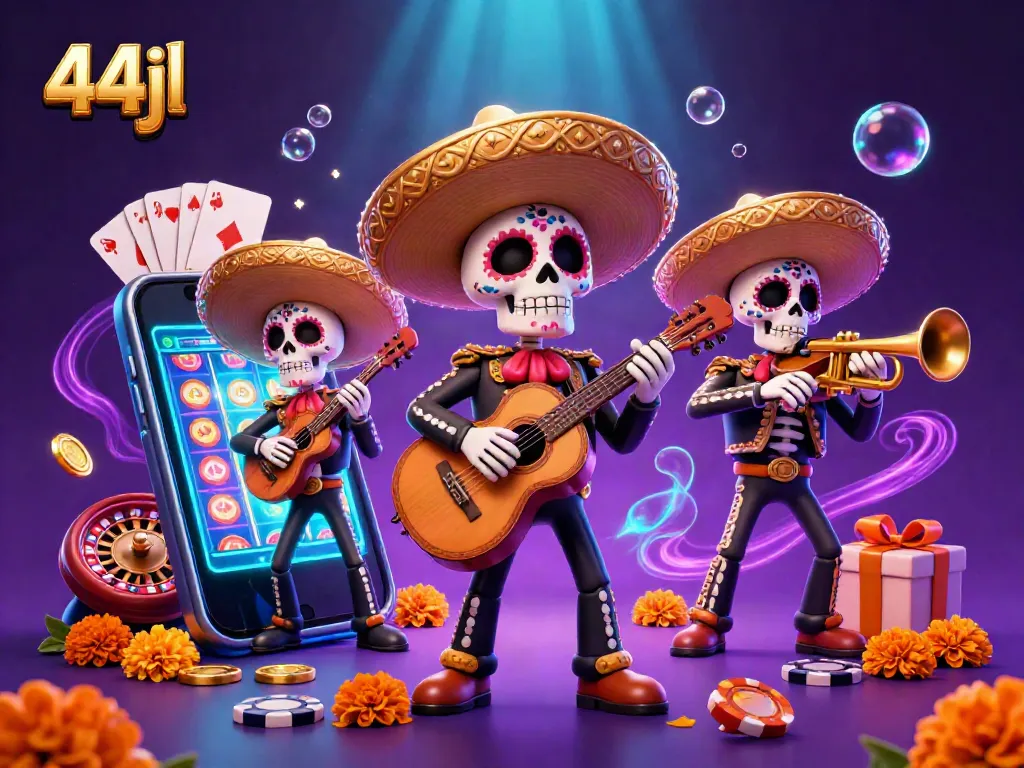 Experience thrilling spins at 44jl casino with a vibrant scene featuring musicians and casino games.