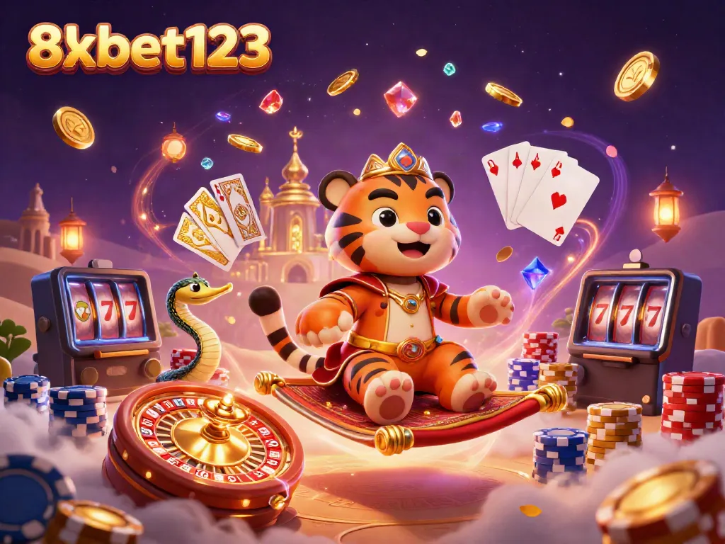 Experience the excitement of 8xbet123 with a vibrant casino-themed digital illustration