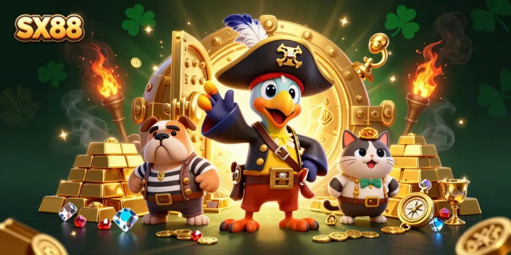 SX88 showcases a vibrant 3D scene with a pirate captain and allies amidst treasures, capturing the spirit of adventure.