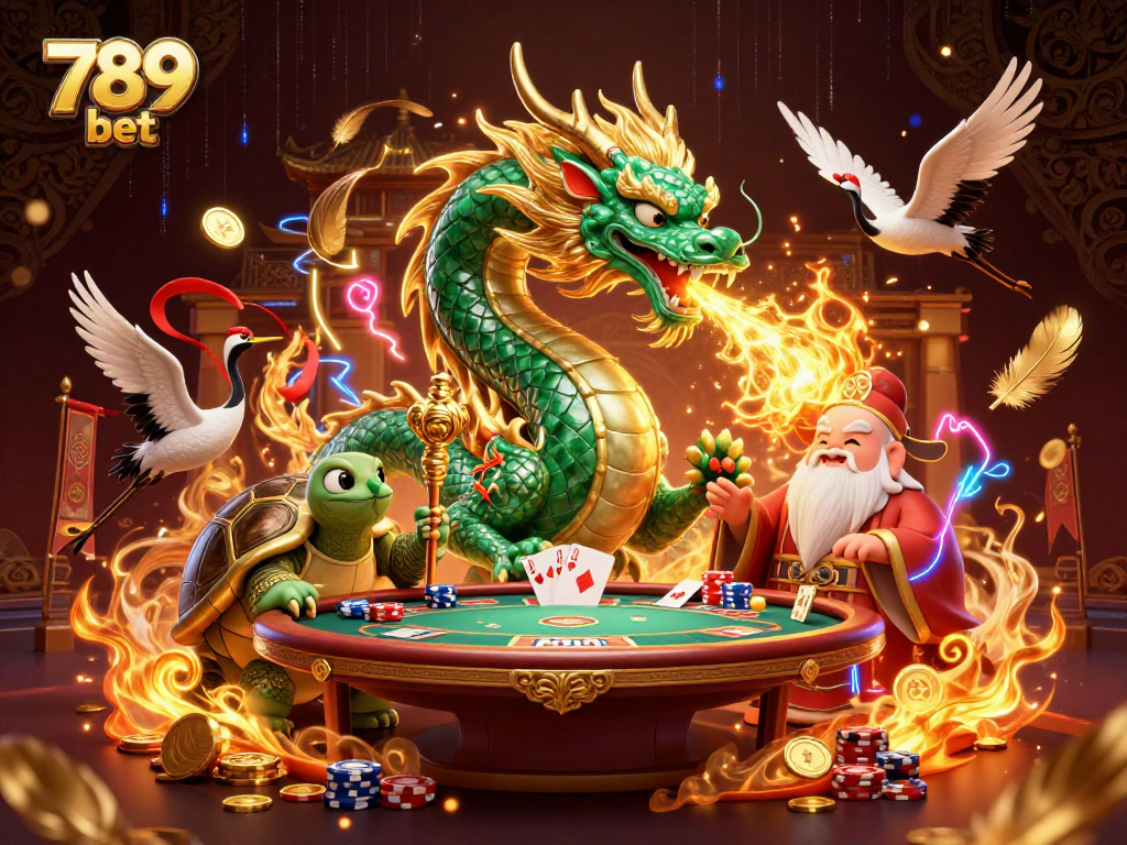 Engage with 789 bet's immersive online casino experience featuring a jade dragon and lively gaming elements.