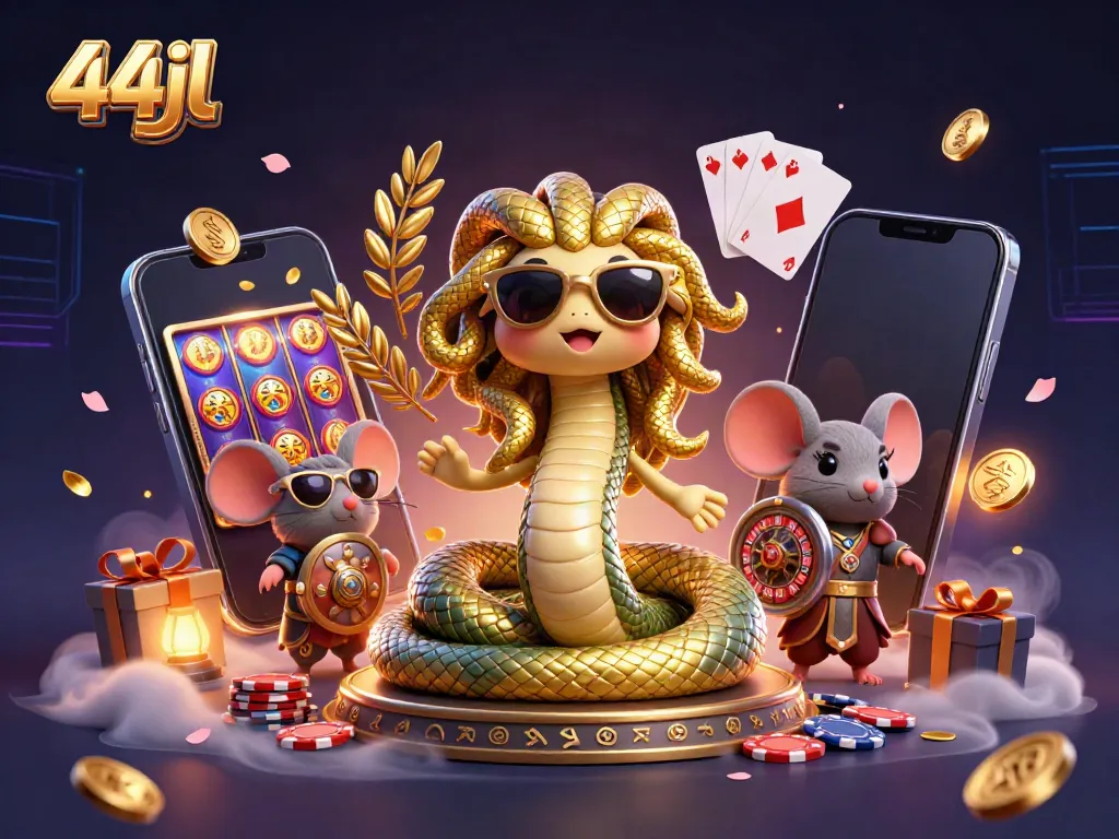 Join the fun at 44jl with Medusa and a warrior mouse in a vibrant casino-themed 3D illustration.