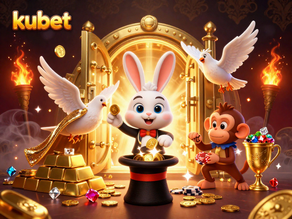 Experience the excitement of kubet with a magician rabbit, golden coins, and poker chips in a vibrant casino scene.
