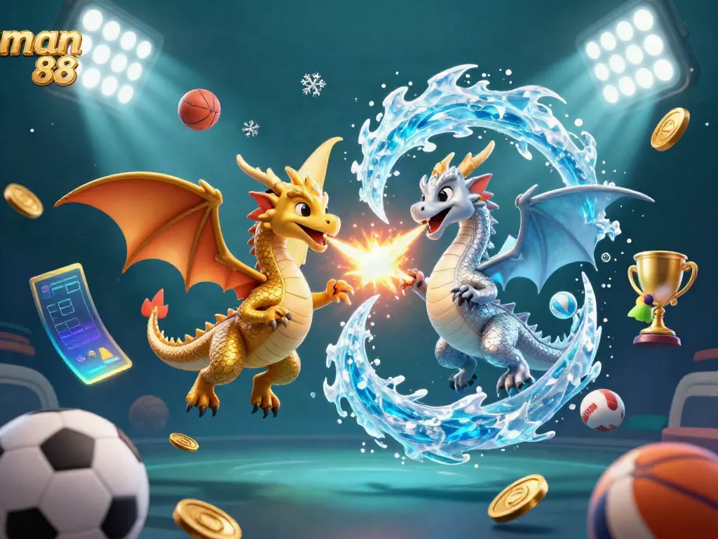 Experience winning excitement at man 88 with dynamic sports action and stunning dragons in this captivating illustration.