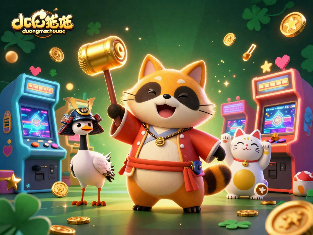 Experience duongmatchuoc with a cheerful tanuki, vibrant game elements, and lucky cats in a colorful casino scene.