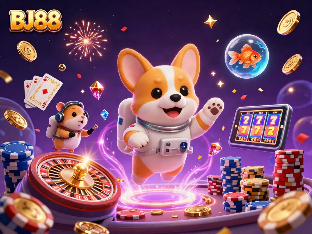 Experience exciting gameplay at BJ88 with a floating corgi in a space casino, surrounded by vibrant gaming elements.