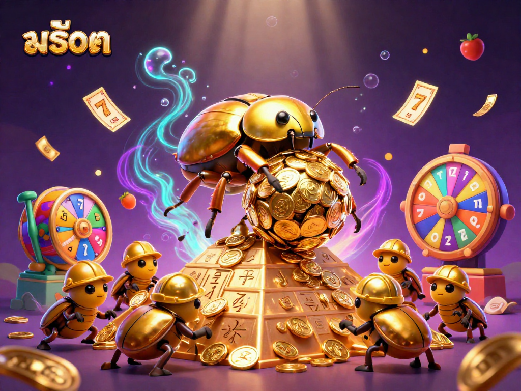 Engage with สล็อต through vibrant slot reels and gold coins, featuring a dynamic scene of winning.