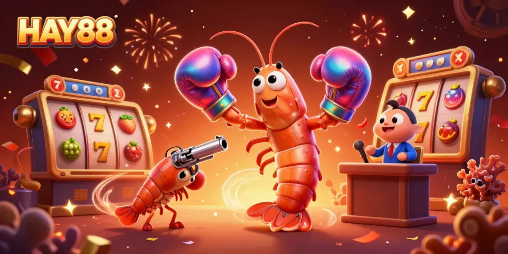 Experience the thrill of HAY88 with a vibrant 3D casino scene featuring exciting slot machines and lively characters.