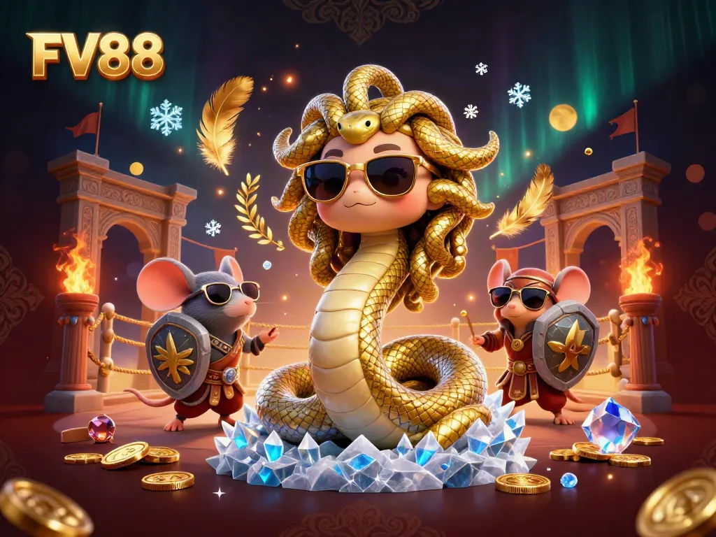 Experience thrilling gaming with FV88, featuring Medusa and warrior mouse in a dynamic casino scene.