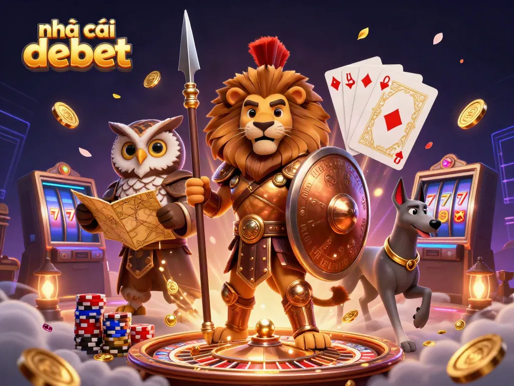 Engage in thrilling play with nhà cái debet as a 3D Spartan lion leads an exciting scene filled with casino elements.