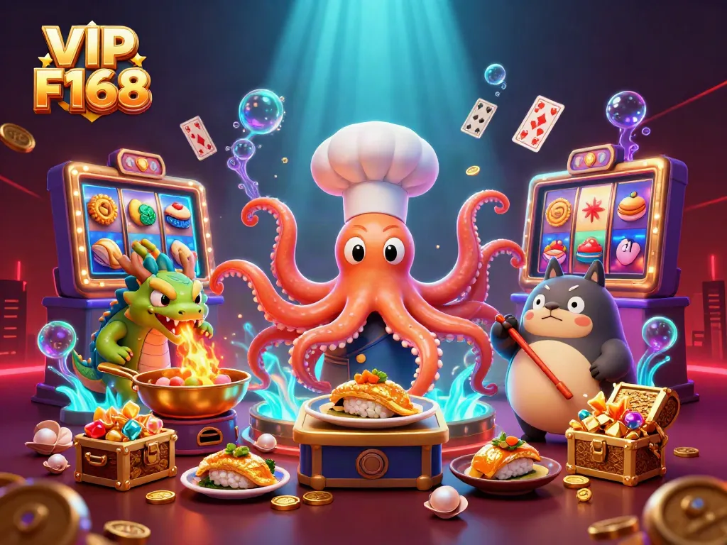 Experience the excitement of VIP F168 with a dynamic casino-themed 3D illustration featuring vibrant characters.