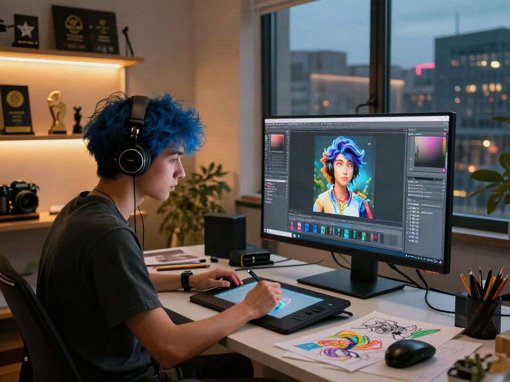 Creative digital artist at modern workspace developing nsfw ai project