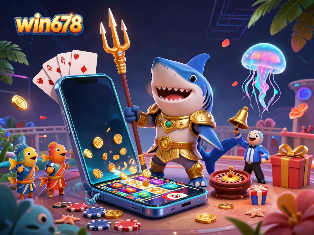 Experience the thrill of win678 with a vibrant underwater casino scene of a tiger shark, fish audience, and slot games.