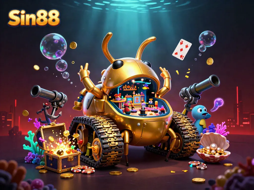 Engage with Sin88's vibrant 3D casino adventure featuring a golden beetle tank and lively elements.